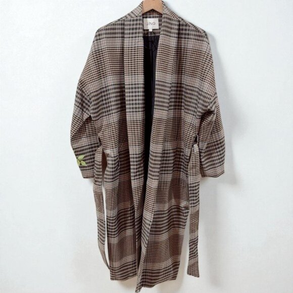 NWT J.ING Jing Brown Plaid Checker Print Coat Jacket with Tie - Picture 5 of 10